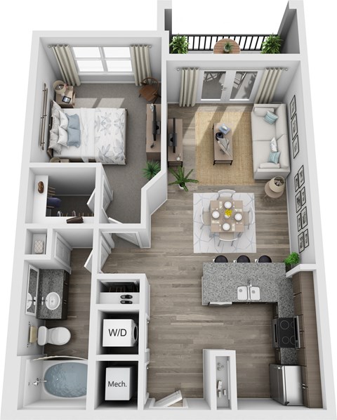 a stylized floor plan with a bedroom and a living room
